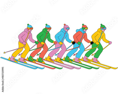 Colorful Skiing Team Winter Action Art illustration showing vibrant athletes skiing together in coordinated motion for sports design posters, apparel prints, and winter activity themes