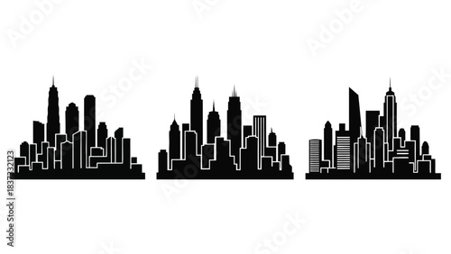 Three resilient architecture silhouette Black Silhouette City Skylines With White Architectural Details On White Background cityscape urban