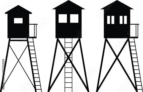 Watchtower Guard Lookout Station Icons featuring security observation tower silhouettes with ladders elevated cabins surveillance platforms for defense safety alert graphics signage and illustration u