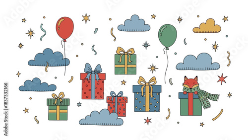 Festive Illustration: A joyful illustration that captures the essence of celebration. Showcasing an array of vibrantly wrapped gifts, whimsical balloons, whimsical clouds, confetti.