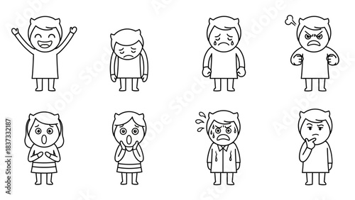Eight black and white cartoon figures illustrating a range of human emotions and mental states, including happiness, sadness, anger, and surprise.