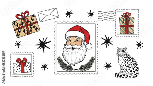 Festive Christmas Stamps and Gifts: This illustration presents a collection of festive stamps and gift boxes, conjuring the spirit of Christmas.