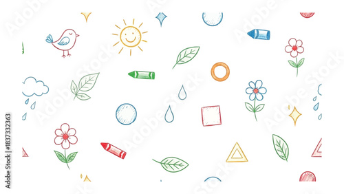 Childlike Illustration: A charming, whimsical arrangement of hand-drawn elements, evoking a sense of joy, creativity, and simple beauty, offering a touch of childlike innocence. 