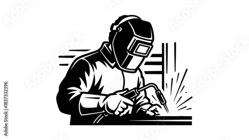 A welder wearing protective gear and a helmet is actively welding metal with sparks flying.