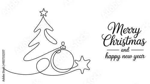 minimalist continuous line art christmas tree with ornaments and star, elegant holiday greeting design featuring merry christmas and happy new year text