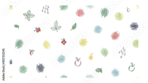 Whimsical Fruit Pattern: A charming and playful illustration of various fruits and leaves scattered across a light backdrop, creating a vibrant and inviting design. 