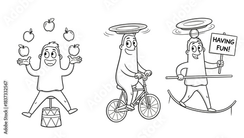 Three cartoon characters performing circus acts: juggling apples, riding a unicycle while balancing a plate, and walking a tightrope with a sign.