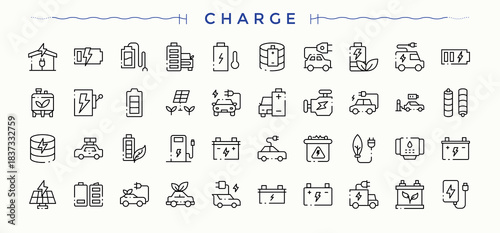 Charge line icon set. Power vector icon set. Icons for website. Contains such icons as energy, charge, technology, electricity, station, electrical and more. Editable stroke. Vector illustration.