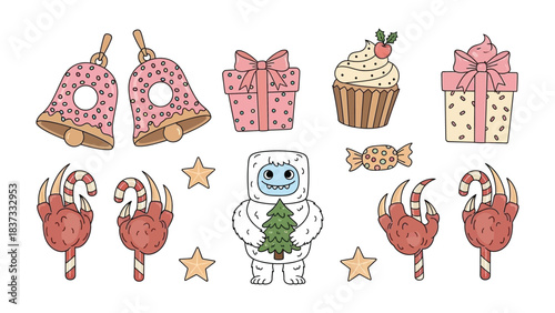 Festive Assortment: A collection of delightful holiday elements, including ornamented bells, intricately wrapped gifts, and a whimsical snowman, all arranged to evoke the spirit of the season.