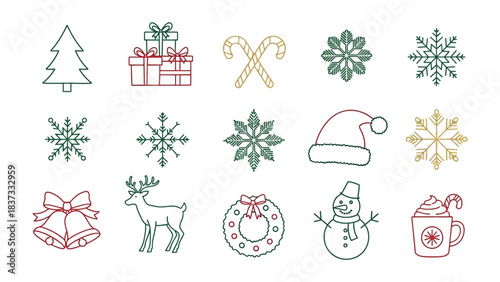 Festive Christmas Emblems: A collection of meticulously drawn Christmas icons, including a tree, presents, candy canes, snowflakes, a Santa hat, bells, reindeer, a wreath, snowman and hot drink