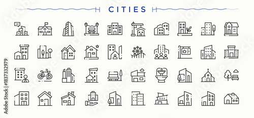 Cities related icon set. Minimalist vector collections. Editable vector. Pixel perfect. Building icon set. Includes symbols for transport, transportation, building, urban and more.