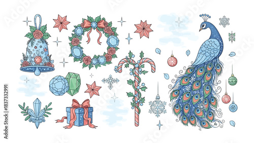 Elegant Peacock Christmas Illustration: A vibrant peacock, surrounded by classic holiday ornaments, embodies the joy and festivity of the season. Featuring intricate designs and festive colors.