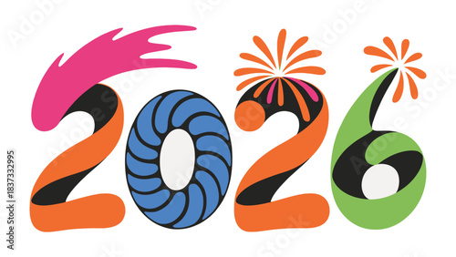 Bold & Bright: A visually dynamic, creative illustration of the year 2026, rendered in vibrant colors and expressive shapes, is poised to usher in a future full of possibility.