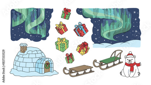 Winter Wonderland: A festive illustration showcasing the beauty of the season, including an igloo, gift boxes, aurora, a sled, and a cute bear with a hat and scarf, filled with holiday spirit.