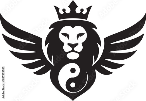 "Winged Crowned Lion Emblem with Yin Yang Symbol – Bold Black and White Vector"