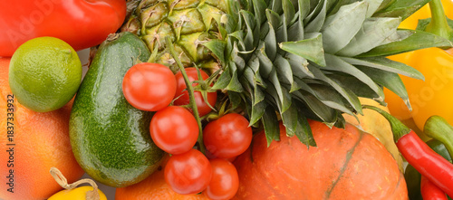 Colorful Close-up of Mixed Fresh Tropical and Garden Fruits and Vegetables