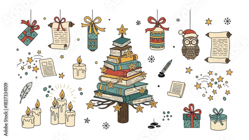 Literary Christmas Celebration: A whimsical collection of festive elements, including a tree crafted from books and festive decorations. The scene evokes a feeling of warmth, intellectual curiosity.