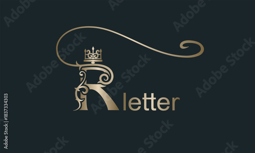 Creative Gold Letter R with Large Swirl and Crown. Regal unique hand-drawn design. Vintage Drawn Emblem for Book Design, Brand Name, Business Card, Restaurant, Boutique, Hotel. Vector illustration
