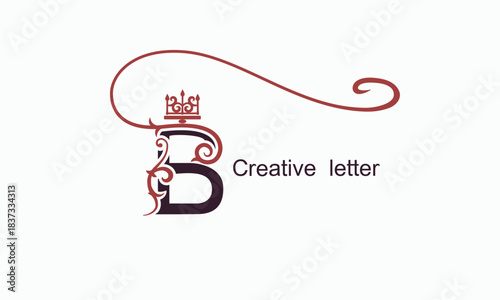 Creative Stylish Letter B with Large Swirl and Crown. Regal unique hand-drawn design. Vintage Drawn Emblem for Book Design, Brand Name, Business Card, Restaurant, Boutique, Hotel. Vector illustration