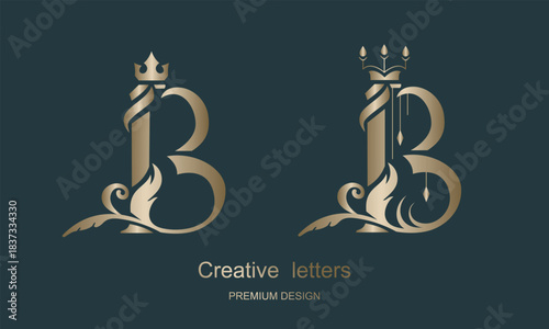 Gold Letter B with Crown. Graceful Royal Style. Luxurious Art Logo Design. Vintage Drawn Emblem for Book Design, Brand Name, Business Card, Restaurant, Boutique, Hotel. Vector illustration