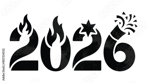 2026 Typography: A stylized depiction of the year 2026, creatively illustrated with dynamic elements like flames, stars, and celebratory elements, symbolizing anticipation and dynamism.