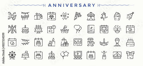 Anniversary icon set. Containing surprise, decoration, festival, happy, fun, celebration and more. Entertainment icon set. Vector icons collection. Vector collections.