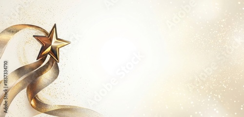 Golden star with ribbon. Shimmering white background. Radiant design element. Luxurious and sparkling effect.