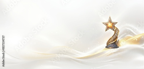 Star trophy on white background. Golden waves and sparkling light. Elegant award template. Celebration theme.