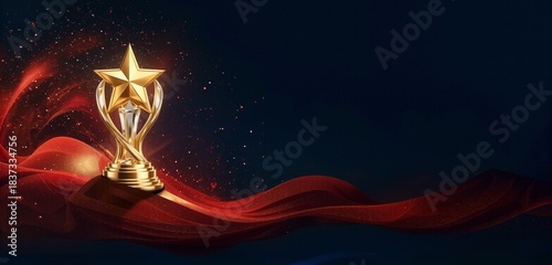 Star trophy with red fabric. Elegant award ceremony background. Golden winner concept. Luxurious celebration