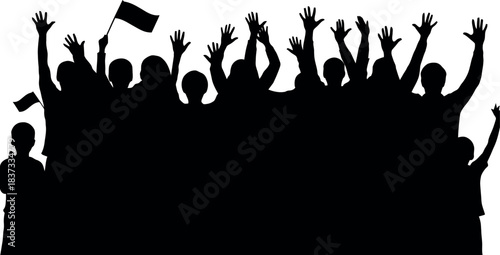Crowd silhouette with hands raised flag celebration background vector