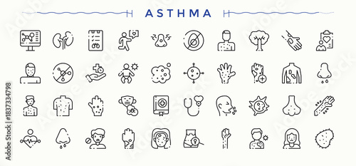 Asthma icon collection. Allergic related icon set. Modern linear icons. Included treatment, pollen, allergic, disease and more. Editable stroke. Vector illustration.