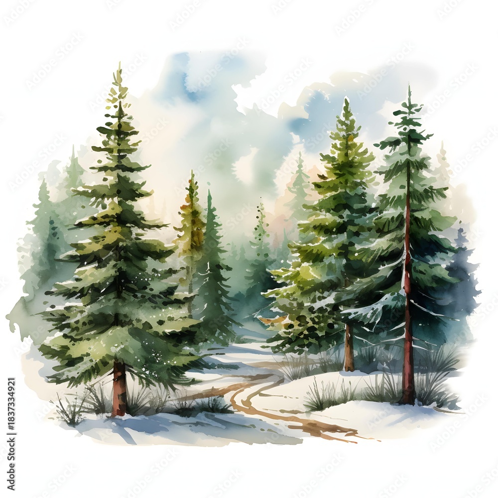Obraz premium Winter wonderland landscape of pine trees in snow covered forest in watercolor style