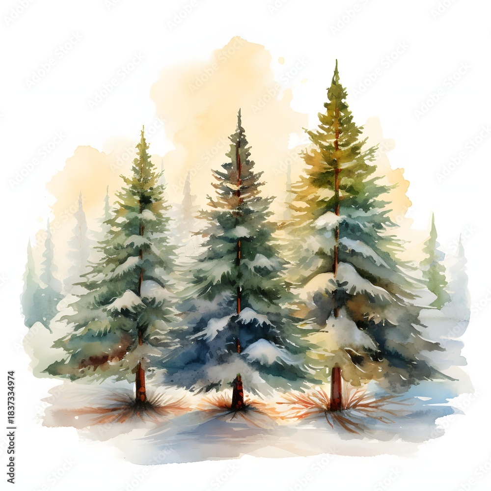 Obraz premium Snowy evergreen trees stand tall in a tranquil winter landscape