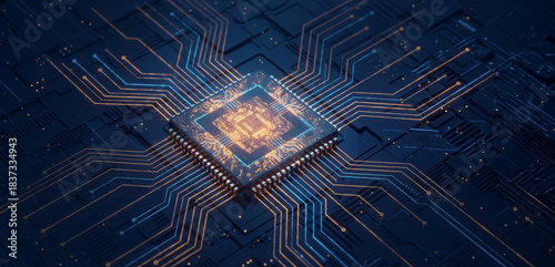 Processor unit with glowing circuits. Abstract background of technology. Digital data processing. Ai learning concept.