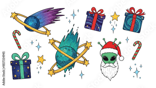 Celestial Holiday: A whimsical holiday scene unfolds, featuring intergalactic elements combined with festive gift boxes and candy canes, creating an extraordinary experience.