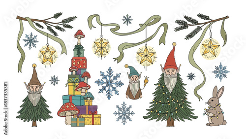 Christmas illustration: Whimsical festive scene with magical forest, filled with elves, mushrooms, gifts, snowflakes and star decorations, perfect for spreading holiday cheer.