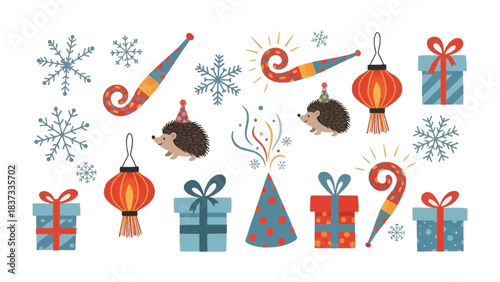 Festive Celebration Elements: A cheerful assortment of festive elements, including presents, confetti, noisemakers, lanterns and snowflakes.