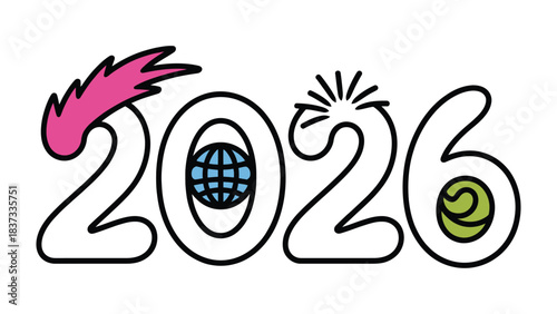 2026: A modern and colorful typographic design featuring the year 2026, ideal for conceptual projects.
