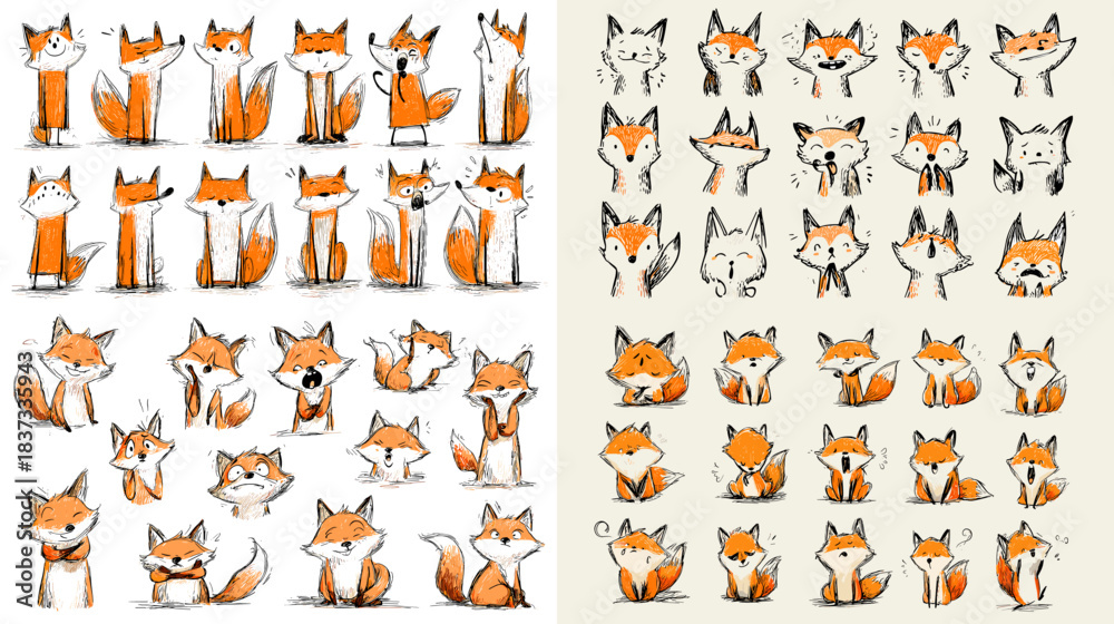 Fototapeta premium A playful illustration set featuring adorable fox characters in various poses and expressions, ideal for children designs, stickers, prints, and creative character projects.