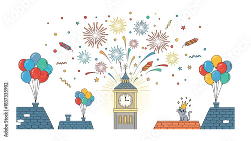 Fireworks Celebration: Vibrant fireworks explode against the backdrop of a clock tower, balloons adding bursts of color. A whimsical feline, crown atop its head, watches the festive scene unfold.