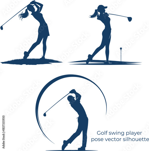 Silhouette of a female golfer in three different swing poses against a white background