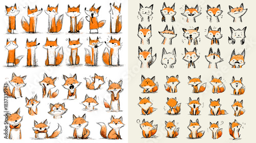 A playful illustration set featuring adorable fox characters in various poses and expressions, ideal for children designs, stickers, prints, and creative character projects.