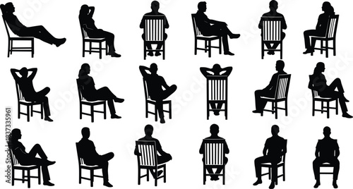 People sitting wooden chair silhouette set relaxed seated poses men women leisure waiting illustration isolated