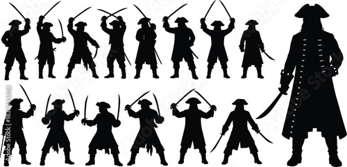 Pirate silhouette collection sword fighting poses historical buccaneer warriors action combat stances vintage maritime character illustration isolated