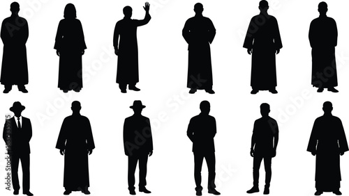 Religious people silhouette set monks priests traditional clothing spiritual figures standing illustration isolated
