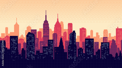 Pixel art cityscape skyline at sunset or sunrise. Retro 8-bit vector game background for digital illustration and urban concept.