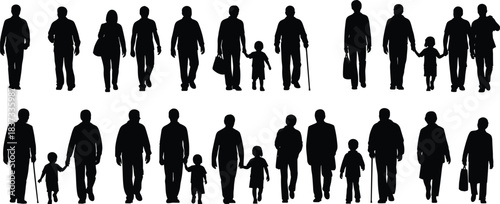 Walking people silhouette collection men women seniors children family pedestrians urban life illustration isolated