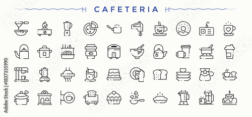 Cafeteria icon set. Vector outline icons collection. Food Shop icon collection. Featuring drink, cafes, table, cook, kitchen, shop and more.