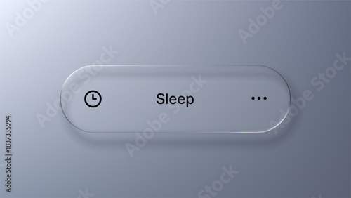 Liquid glass computer interface element with sleep button and clock icon. Modern UI design for web, mobile application. Futuristic digital component.