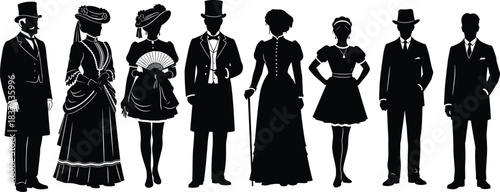 Victorian era people silhouette collection vintage men women fashion historical costumes classic society illustration isolated